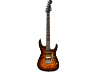 Charvel Pro-Mod Plus Dinky DK24 HSS 2PT EB QM Amber Tiger Eye - Escala de 25,5 polegadas, Corpo Dinky em tília com tampo em ácer quilted, Braço em ácer caramelizado com reforço em grafite, Escala em ébano com raio composto de 12 a 16 polegadas, 24 trastes jumbo...