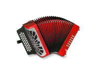 Hohner  El Rey Del Vallenato Red ADG (Lá-Ré-Sol) - Número de notas: 62, Botões: 31, Filas de botões: 3, Classe: diatónica, Vozes: 3, Vozes de baixo standard: 6, 