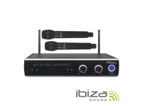 Ibiza  Central Microfone S/ Fios 2 Canais UHF 863.9/864.9mhz IBIZA - Central microfones UHF s/ fios c/ 2 canais, Frequência funcionamento: 863.9~864.9MHz, Sensibilidade: -105dBm, Alcance máximo: 60m, 2 Microfones de mão, alimentação: 2x AA, Cabo Jack 6.35mm incluído...
