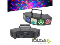 Ibiza  COMBI-FX4  - Projetor 3 em 1 LED RGBW c/ 3 efeitos de luz, Efeitos WASH, MOON e STROBE, Modos: Auto, Master, Slave ou DMX, 6 canais DMX, Consumo de energia: 26W, Alimentador 12VDC 3A e comando incluído, 