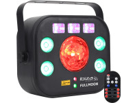 Ibiza  Light Fullmoon - 18 canais DMX, Efeito de lavagem criado por 4 LEDs RGBW 4 em 1, 3 LEDs 3W roxo + branco, 1 LED Osram 15W 4 em 1, Diodos Laser RG 30mW, 2 flashes de 10W, 