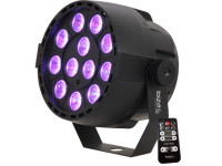 Ibiza Projector Par c/ 12 LEDS RGB 3W ABS COMANDO MIC DMX PAR-MINI-RGB3 - Projector c/ LEDs RGB e efeitos de controlo, Número de LEDs: 12 LEDs c/ 3W (total 36W), Equipado c/ suporte e controlo remoto, Modo automático, manual e DMX c/ 7 canais, Tensão: 230Vac, 50-60Hz, Di...