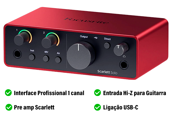 Focusrite Scarlett Solo 4th Gen Interface Áudio PRO USB-C