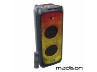 Madison  Coluna Amplificada 2X10 de 1200W e Bluetooth 5.0 B-Stock - Coluna amplificada 2x 10, Luz LED efeito de fogo, Potência: 1200W (máx.), LED frontal e topo, 1x USB / 1x SD / 2x Mic / AUX / Bluetooth V5.0 TWS, Comando (incl.), Modos: Pop/Rock/Jazz/Clássico, Fre...
