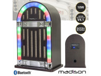 Madison  MAD-JUKEBOX10  - Jukebox retro c/ painel iluminado LED, Iluminação c/ luz LED e 6 modos de luz, Leitor Bluetooth V4.1 c/ entrada AUX, Bateria interna, carrega por USB (inc.), Frequência resposta: 80-18.000Hz, 65dB,...