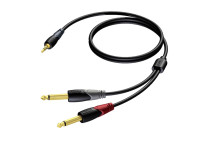 ProCab  CLA713/1.5 1.5m - 3.5 mm Jack macho stereo - 2 x 6.3 mm Jack macho mono, 28 AWG thin and dense stranded conductors, Flexible PVC jacket, Spiral shielding, 4.0 mm (Ø) outer diameter, Oxygen free copper, 