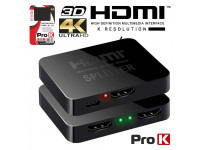 ProK   Distribuidor HDMI 1 Entrada 2 Saídas 4K  - Distribuidor amplificado HDMI 2 saídas, Resolução máxima Ultra HD 4Kx2K, 1 Entrada HDMI Fêmea, 2 saídas HDMI Fêmea, Suporta vídeo 3D, largura banda até 300MHz, Alimentação: cabo USB 5Vdc 1A (inc.),...