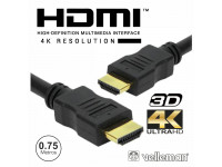 Velleman  Dourado Macho / Macho 2.0 4k Preto 0.75m   - Cabo HDMI 2.0 ULTRA HD 4K Alta resolução, HDMI Macho / HDMI Macho, tecnologia HDMI2.0, A versão HDMI 2.0 permite tráfego até 18Gbps, Suporta resoluções de 3840x2160 até 60 fps, 32 Canais Áudio, 4x ...