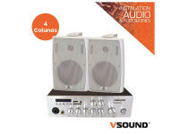 VSOUND Sistema de Sonorização 120W 12/220V 100V 80m2 White - Potência total: 60W máx. / 30W RMS, Alimentação: 230V, Ligações: terminais 4~8 Ohms, 2 zonas 100V, Leitor multimédia integrado: USB, SD, Bluetooth, Rádio FM, 2x AUX, 2x MIC, Frequência de resposta:...