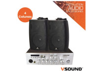 VSOUND Sistema de Sonorização 120W 12/220V 100V 80m2  - Potência do amplificador: 60W RMS (120W máx.), Ligações: terminais 4~8 Ohms, 2 zonas 100V, Entradas: USB, SD, 2x AUX, 2x MIC, Controlo de graves e agudos (Bass/Treble), Frequência de resposta: 10Hz...
